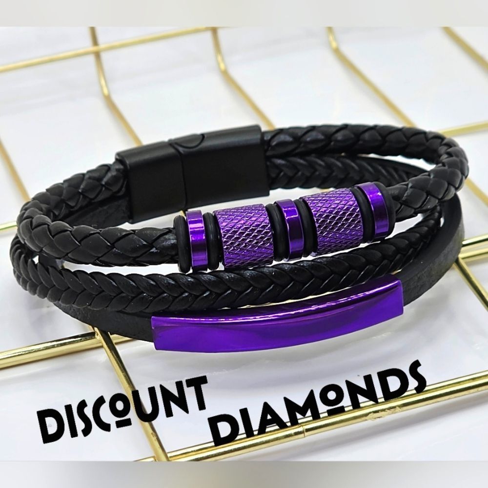 Purple Titanium Braded Black Leather Trinity Bracelet 